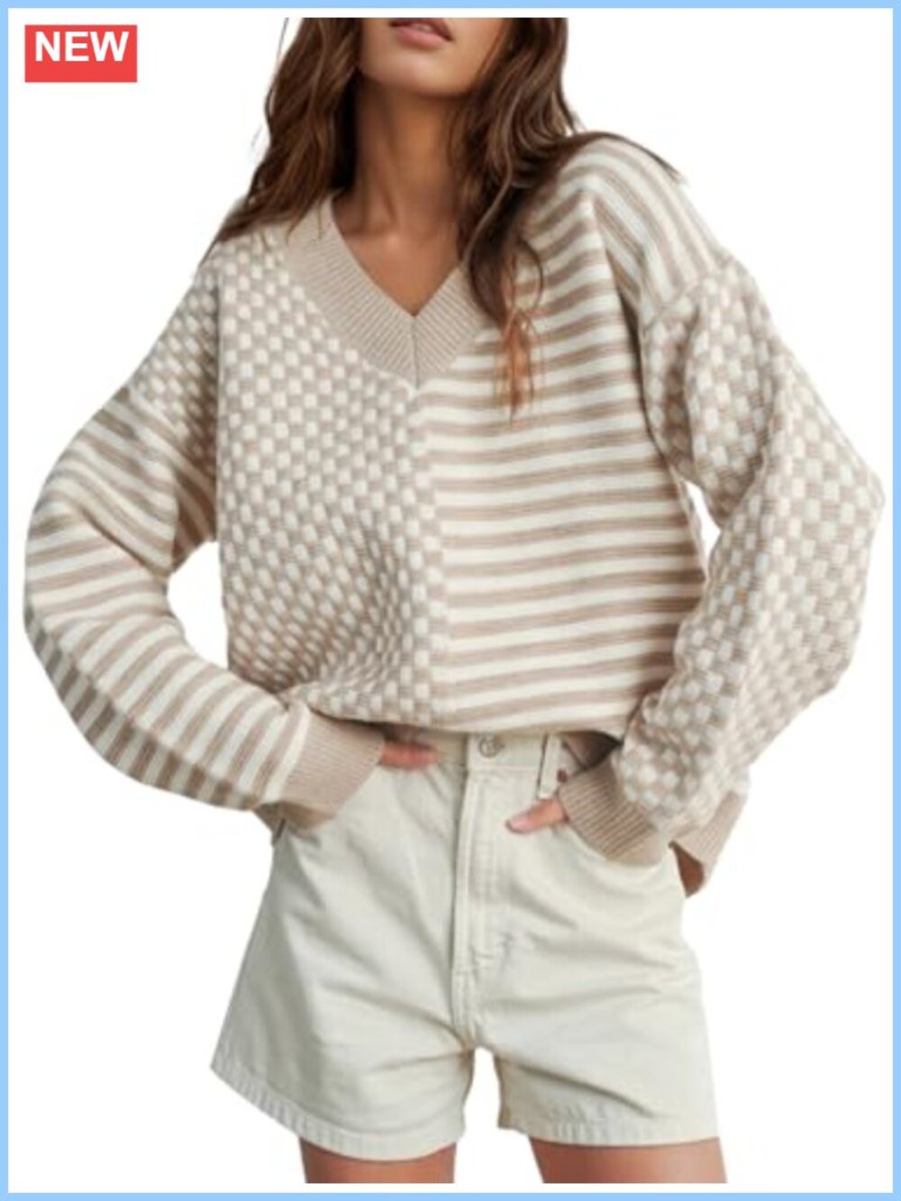 Women's Striped V-Neck Sweater Long Sleeve Pullover Casual Fall Winter Top
